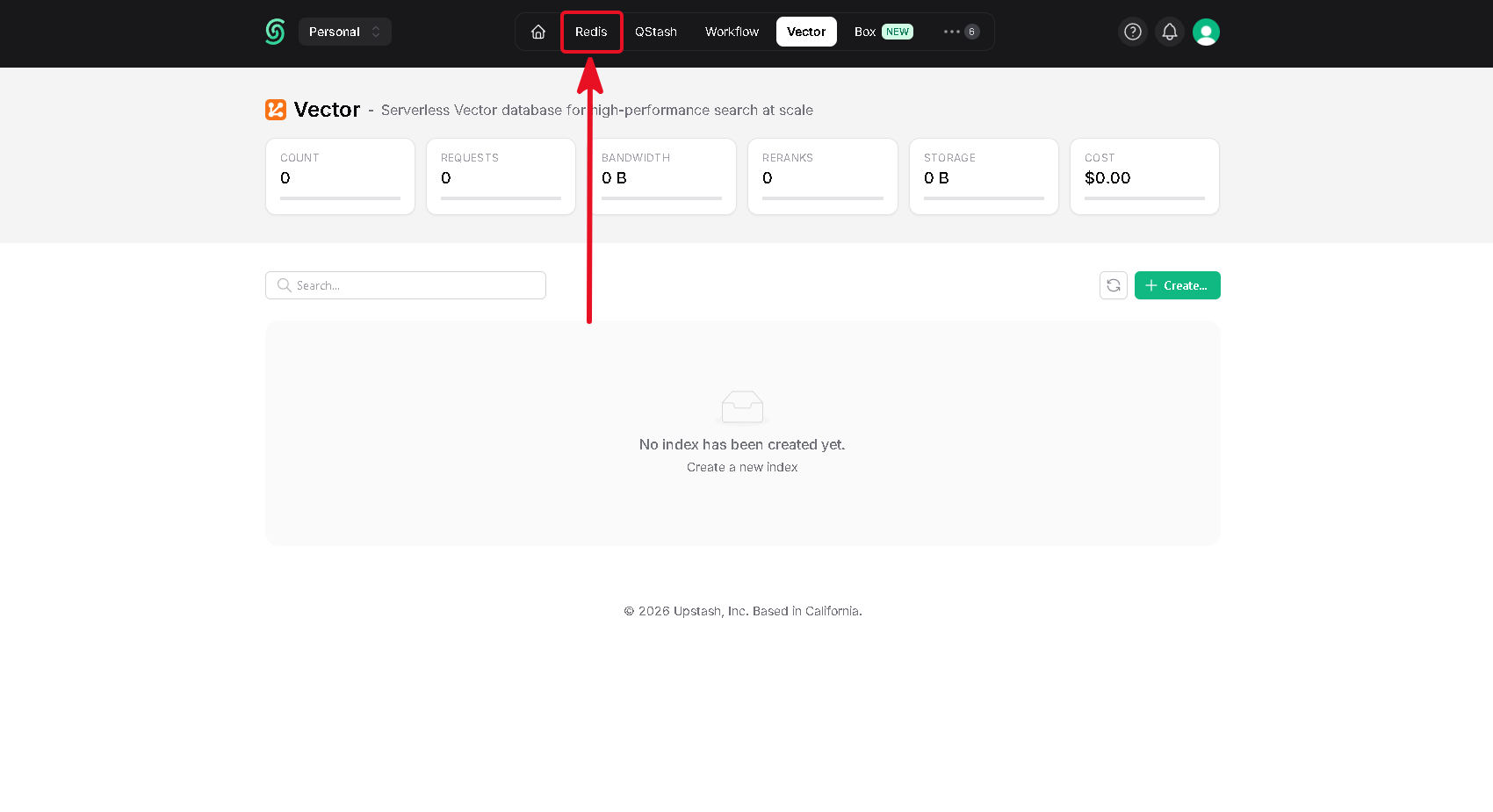 Upstash account landing on the Vector product page with Redis in the top navigation