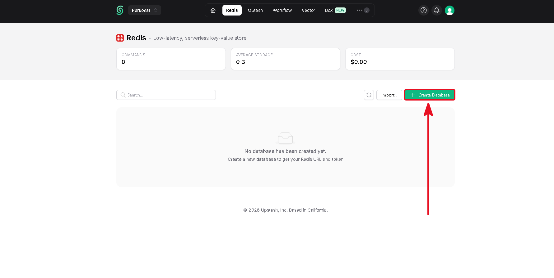Upstash Redis page with the Create Database button