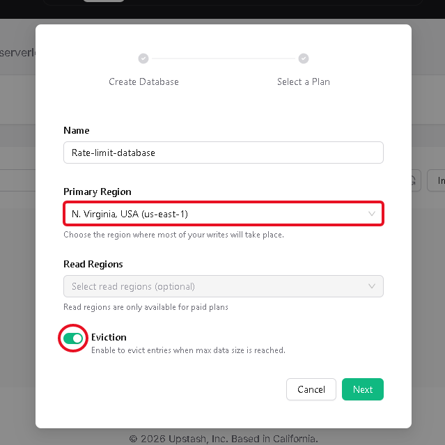 Upstash database creation form with the region selected and eviction enabled