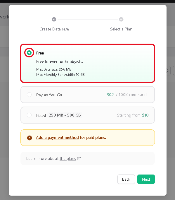 Upstash plan selection with the Free plan chosen