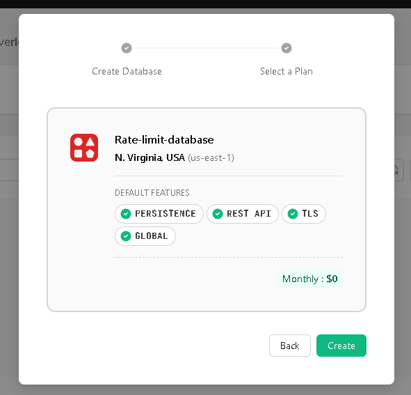 Upstash database summary showing the name, region and monthly cost