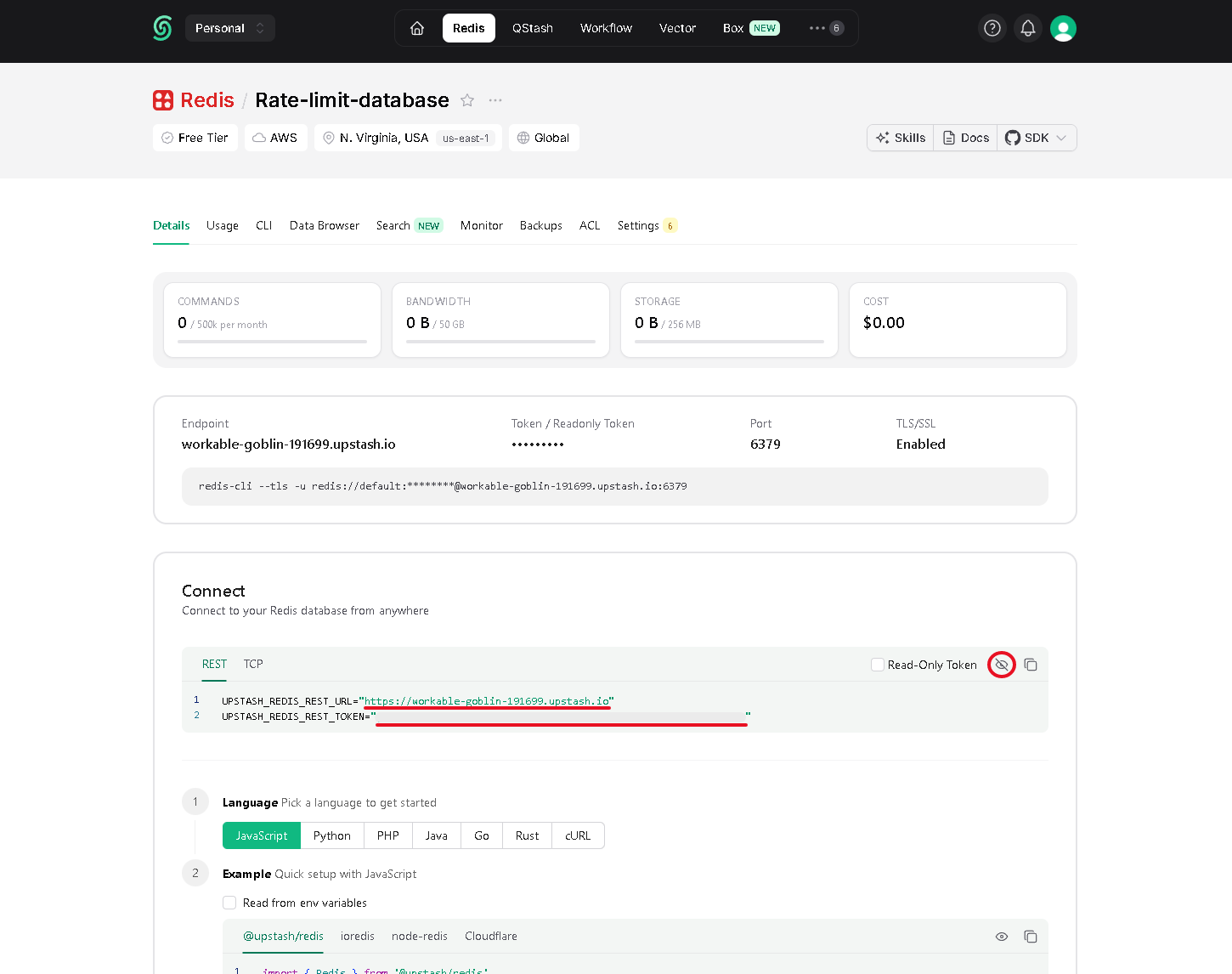 Upstash Connect section on the REST tab showing the URL and the hidden token