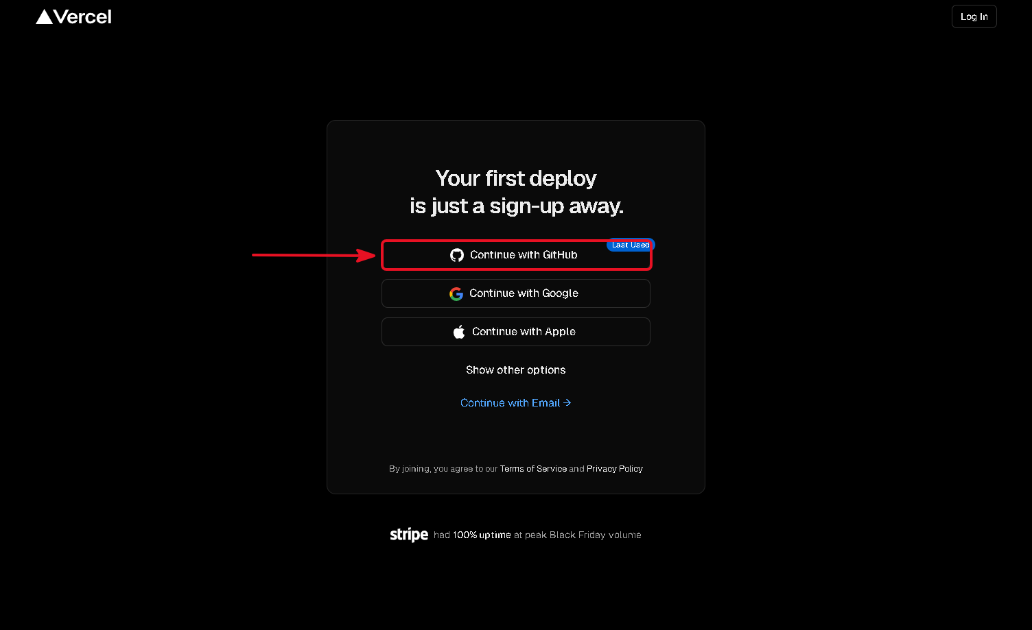 Vercel signup page with the Continue with GitHub option