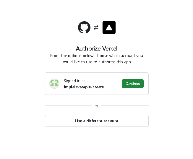 Vercel page confirming which GitHub account you are signed in as