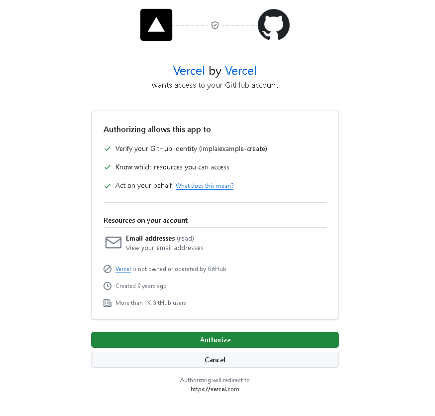 GitHub authorization page for Vercel