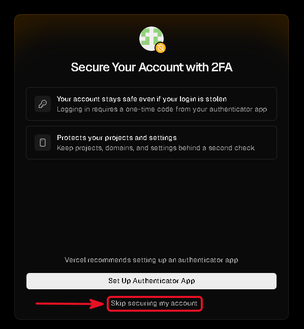 Vercel two-factor authentication screen with the skip option
