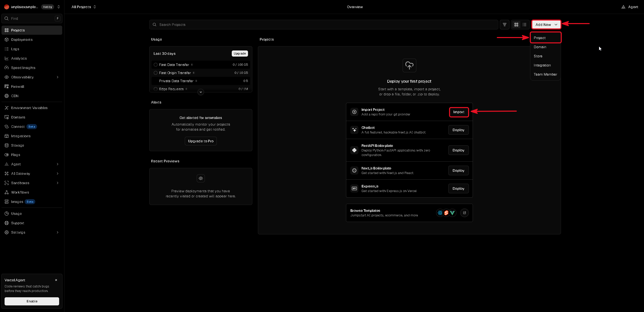 Vercel overview page with the Add New button and the Import Project card