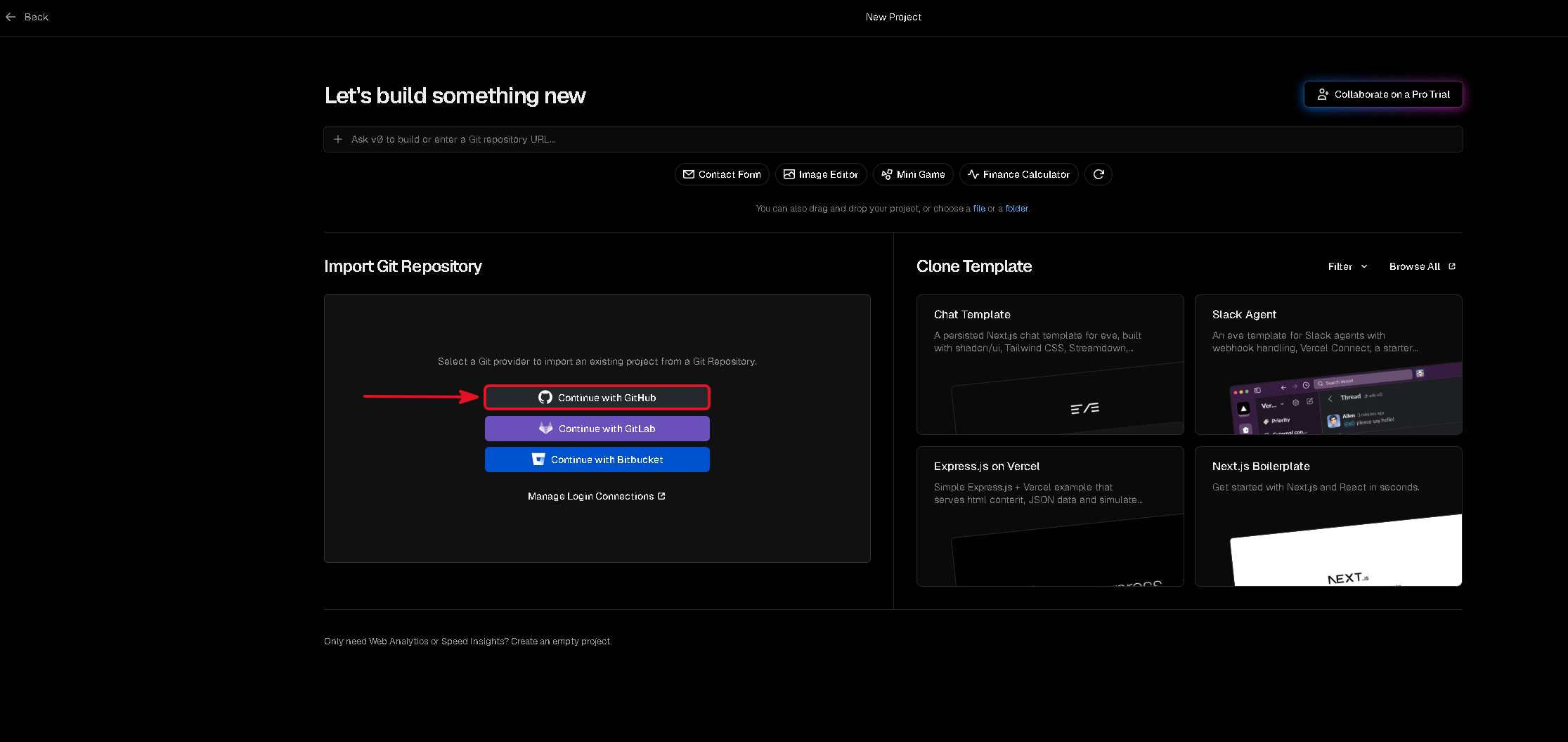 Vercel import page with GitHub, GitLab and Bitbucket options