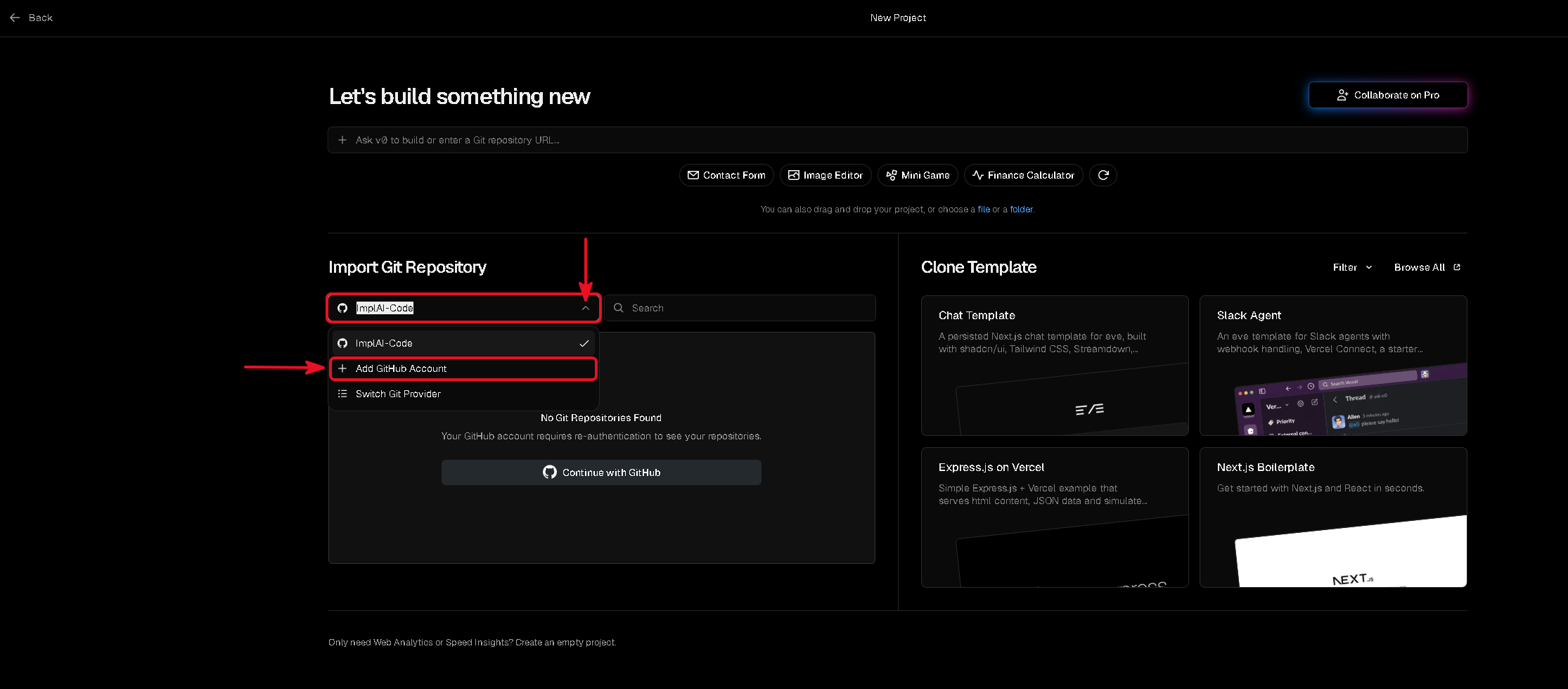 Vercel account dropdown open showing the Add GitHub Account option