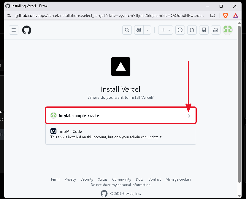 GitHub Install Vercel page showing the personal account and the locked organization
