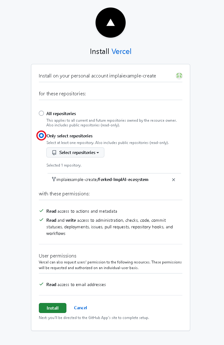 GitHub repository access form with Only select repositories chosen and the fork selected