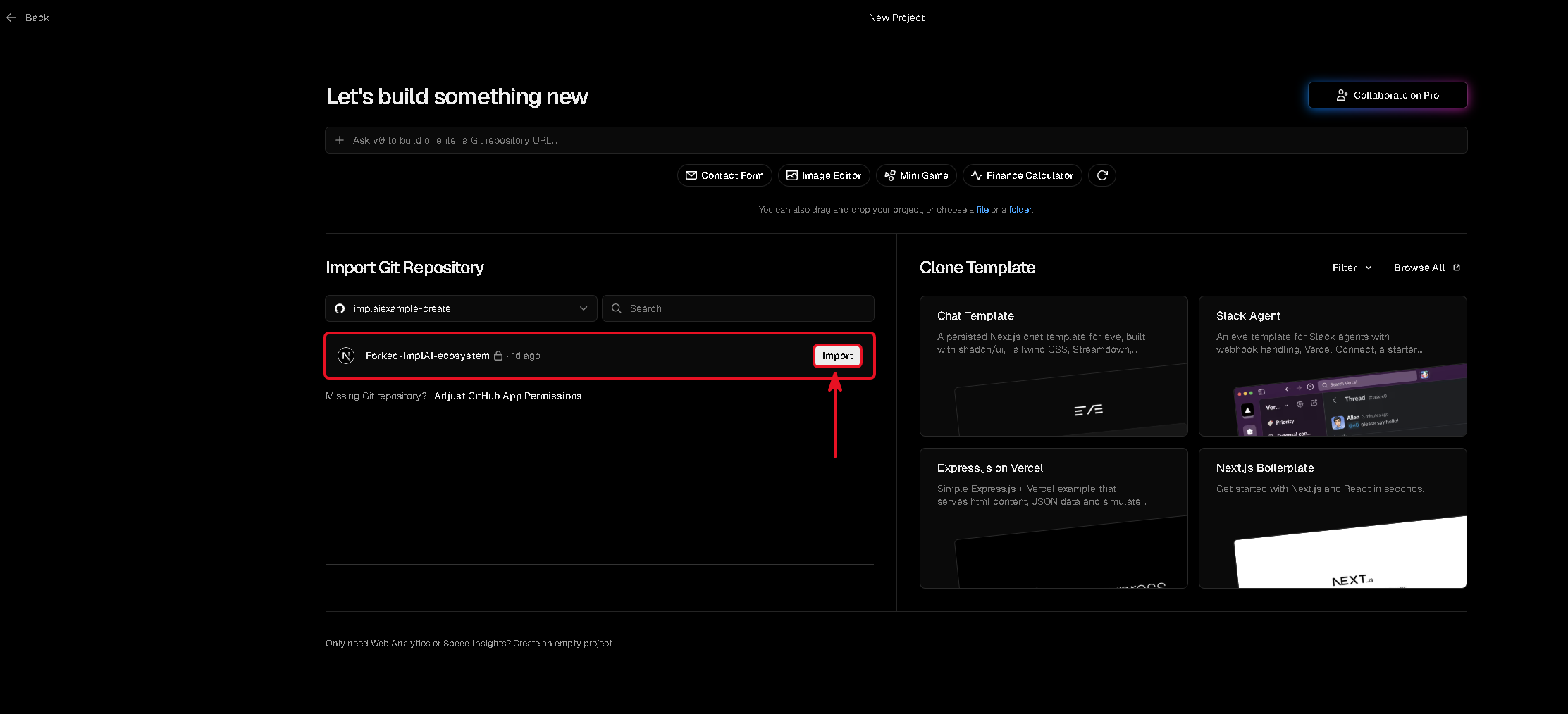Vercel import page now listing the forked repository with an Import button