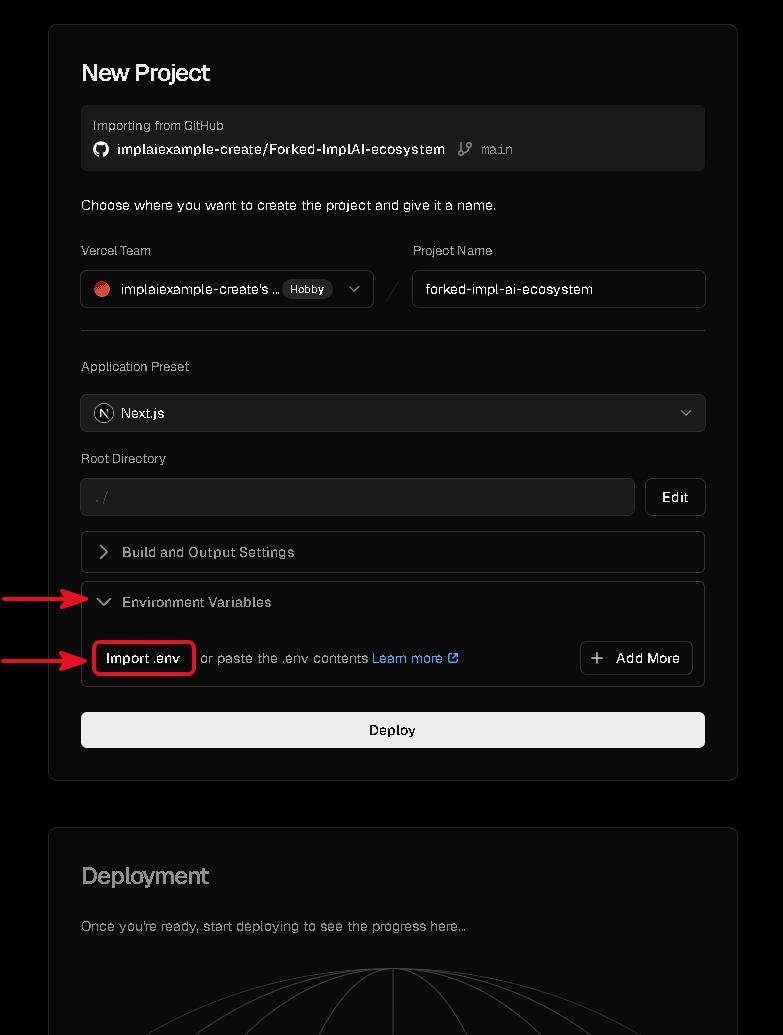 Vercel deployment page with the Environment Variables section and the Import .env button