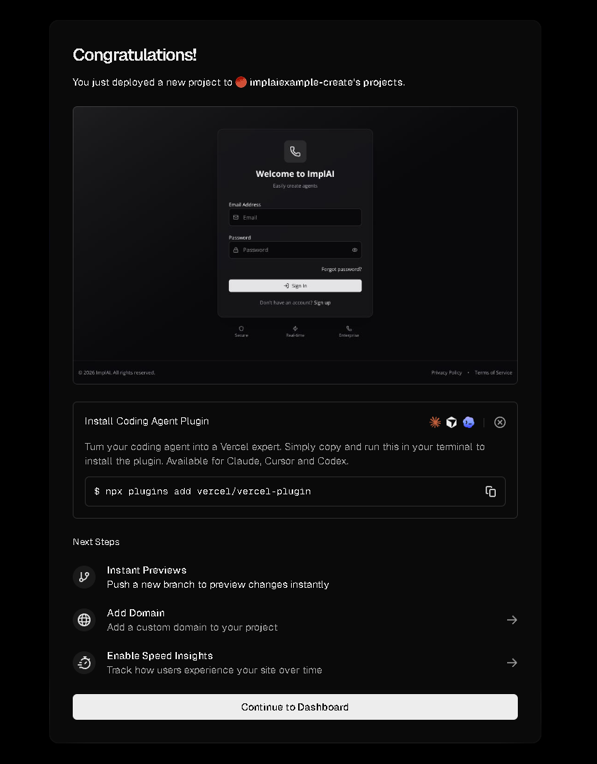 Vercel deployment success page with a preview of the app