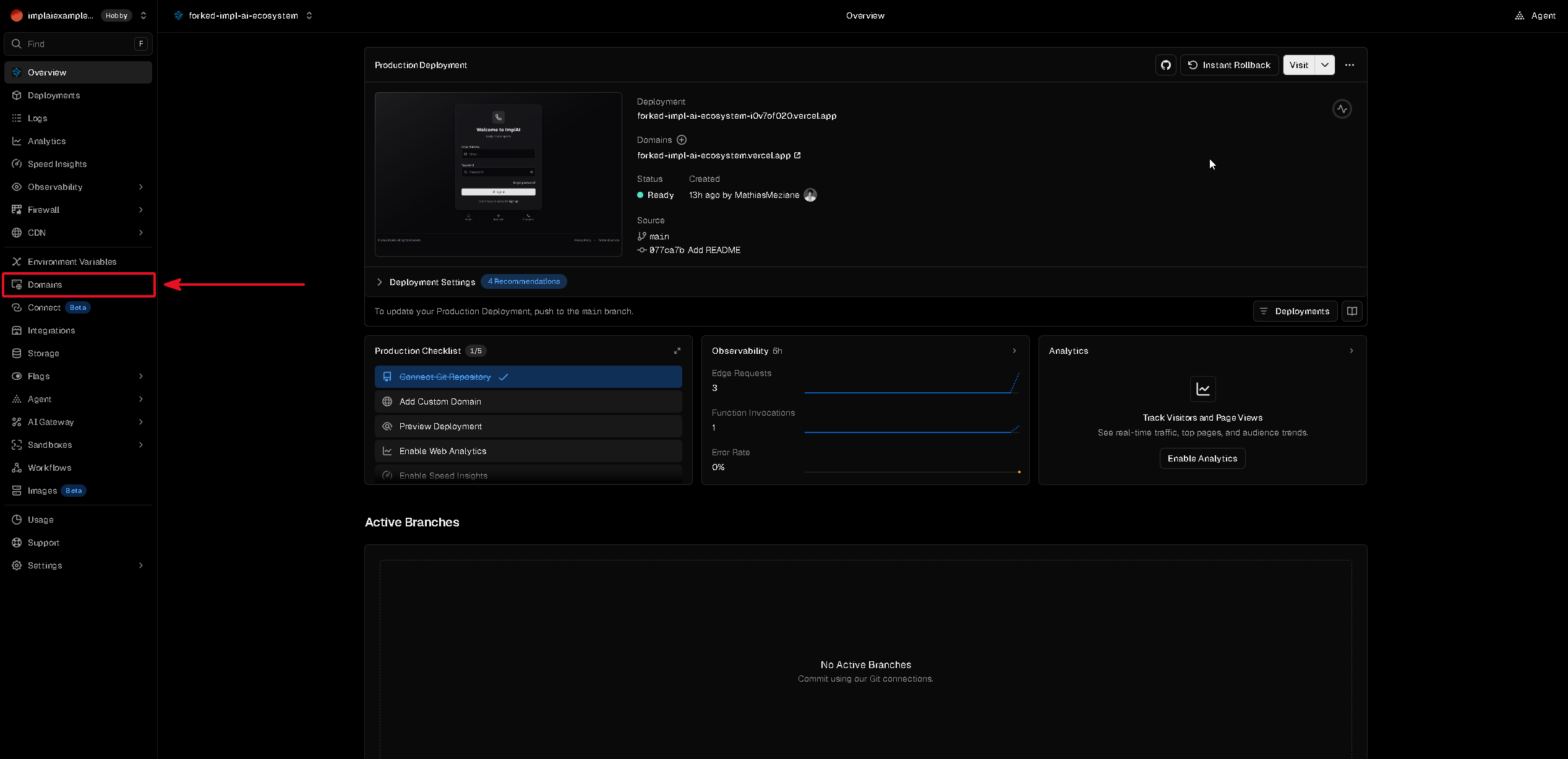 Vercel project overview page with the Production Checklist