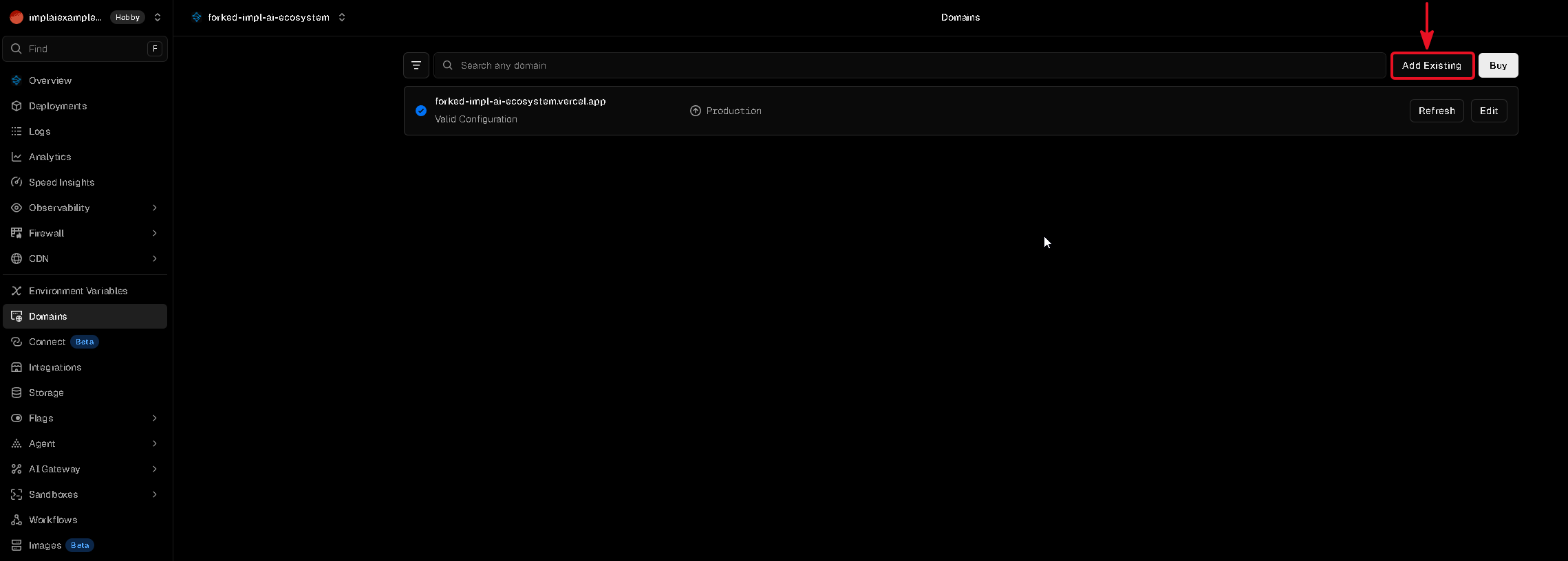Vercel Domains page with the Add Existing and Buy buttons