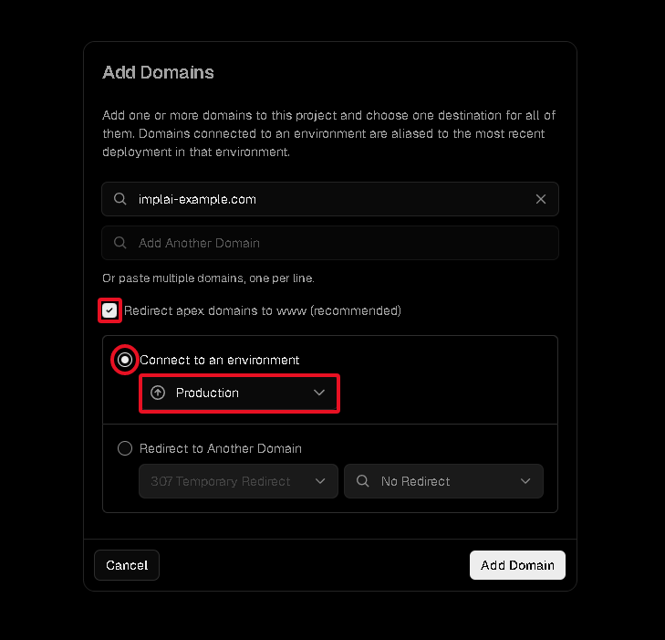 Vercel add domain popup with the www redirect checkbox and environment selector
