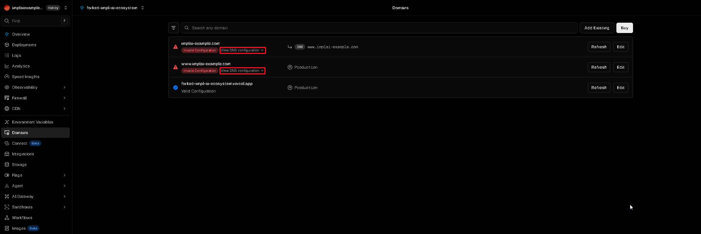 Vercel Domains page showing two rows with Invalid Configuration