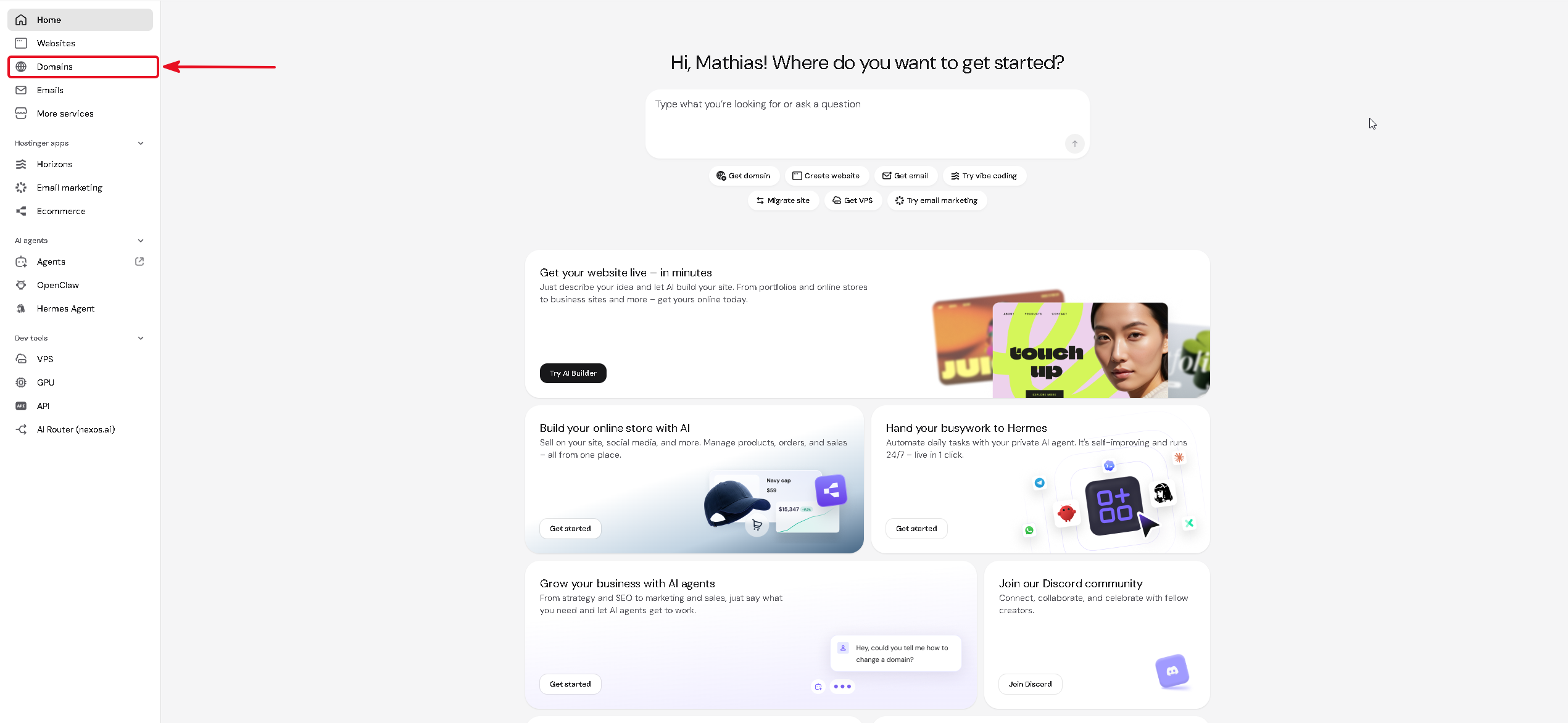Hostinger home page with the Domains sidebar option