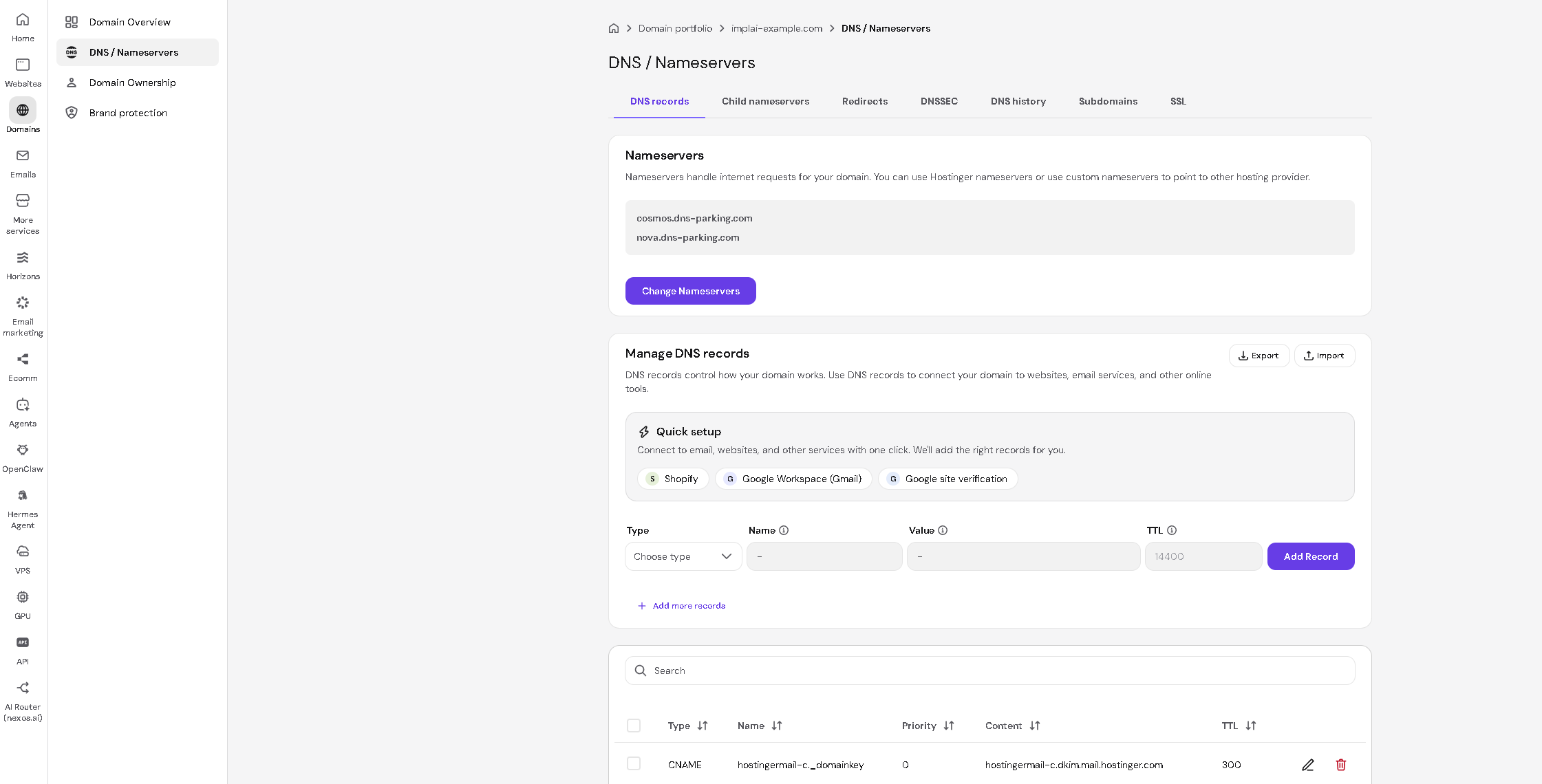 Hostinger DNS / Nameservers page