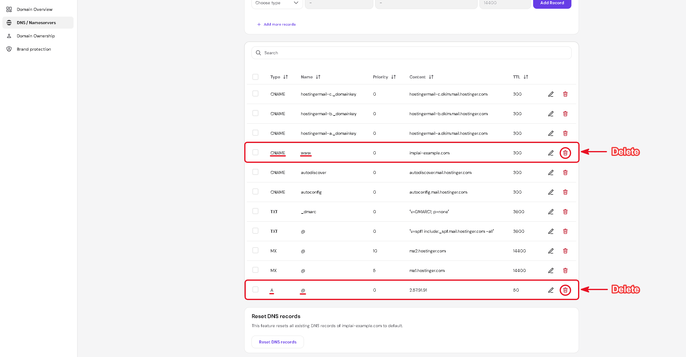 Hostinger DNS records list with the default A and CNAME records marked for deletion