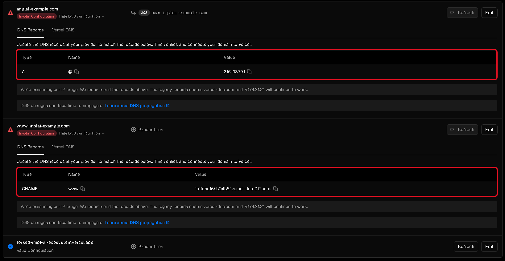 Vercel DNS configuration showing the A record and CNAME record to copy