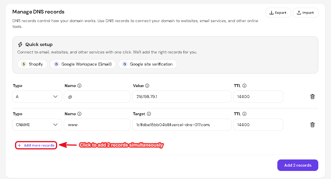 Hostinger add record form filled with the Vercel A record and CNAME record