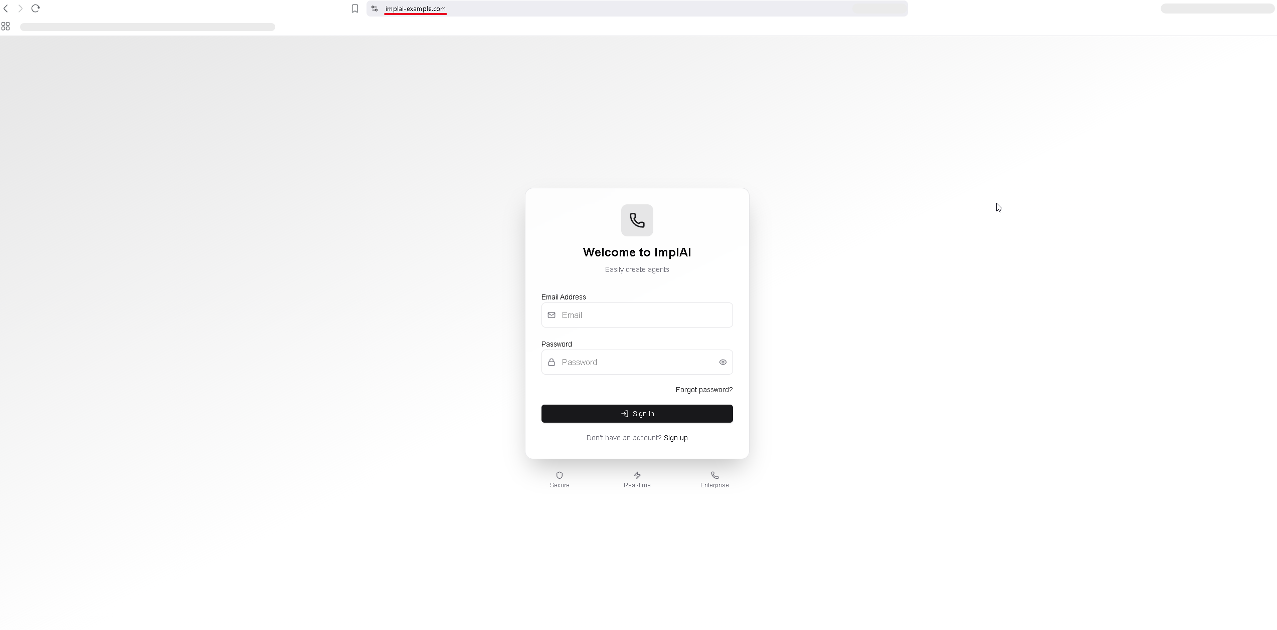 The deployed ImplAI login page loading on the custom domain