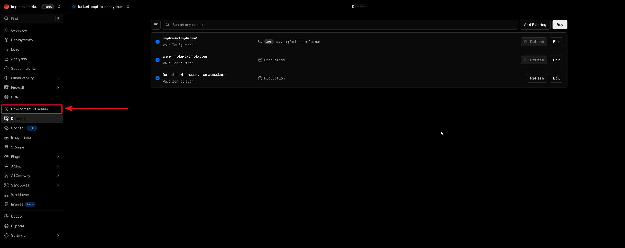 Vercel project sidebar with the Environment Variables option