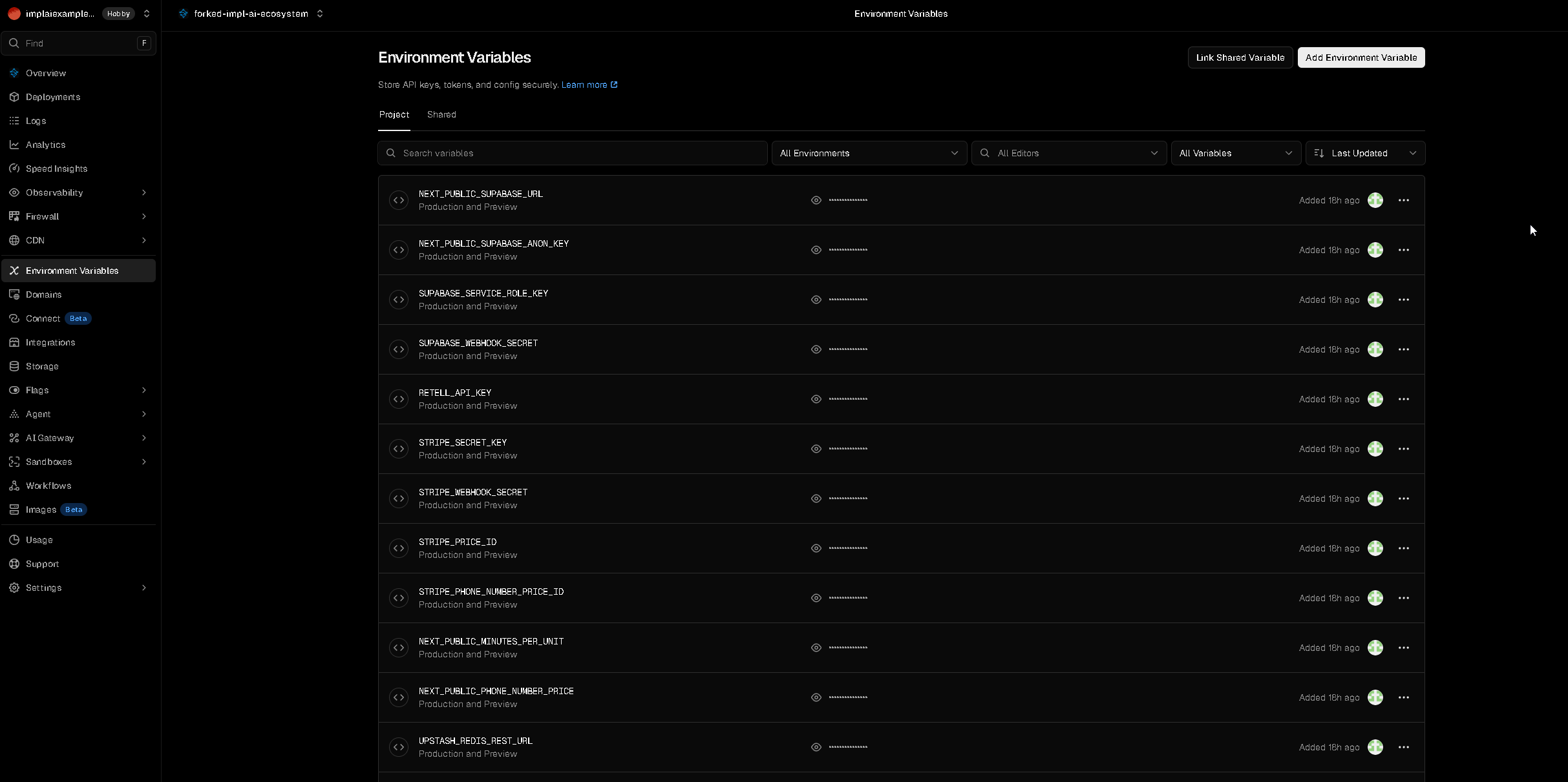 Vercel environment variables list
