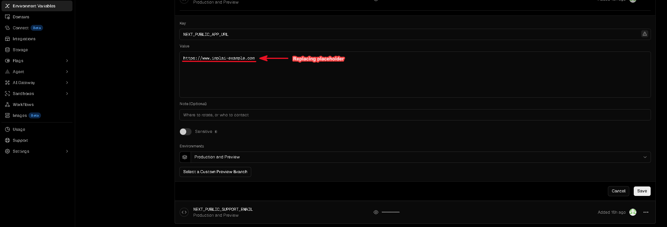 The app URL value replaced with the real domain