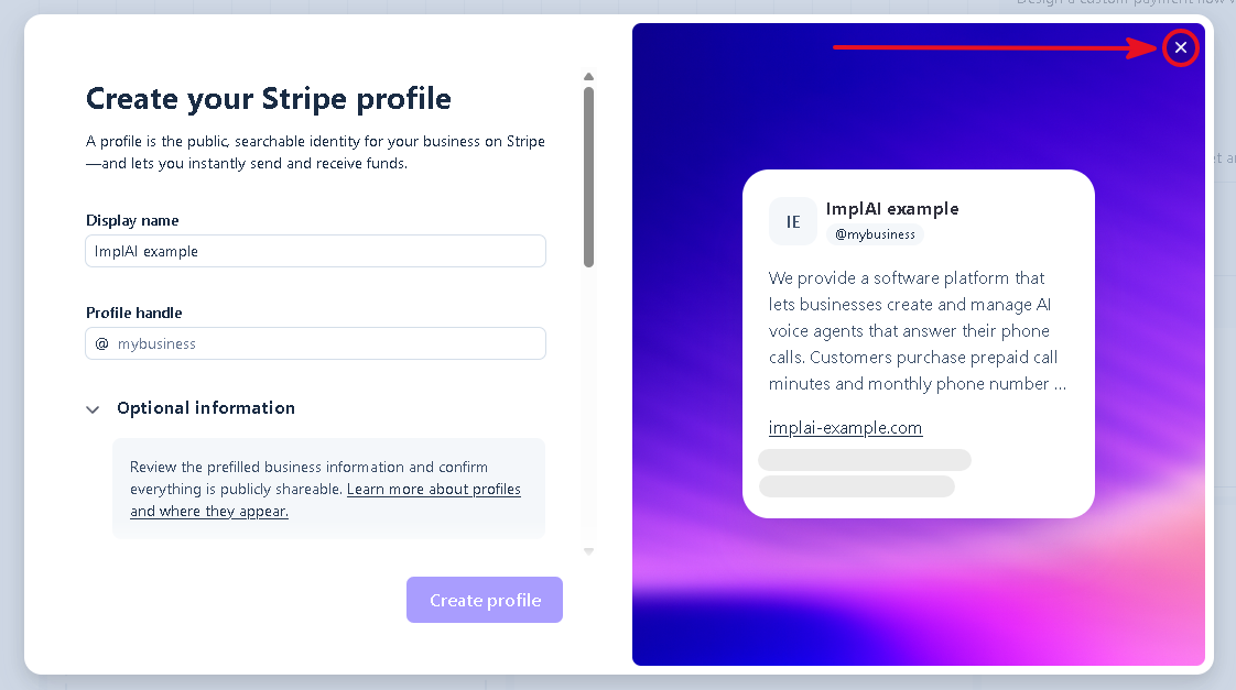 Stripe public profile creation page with its close button