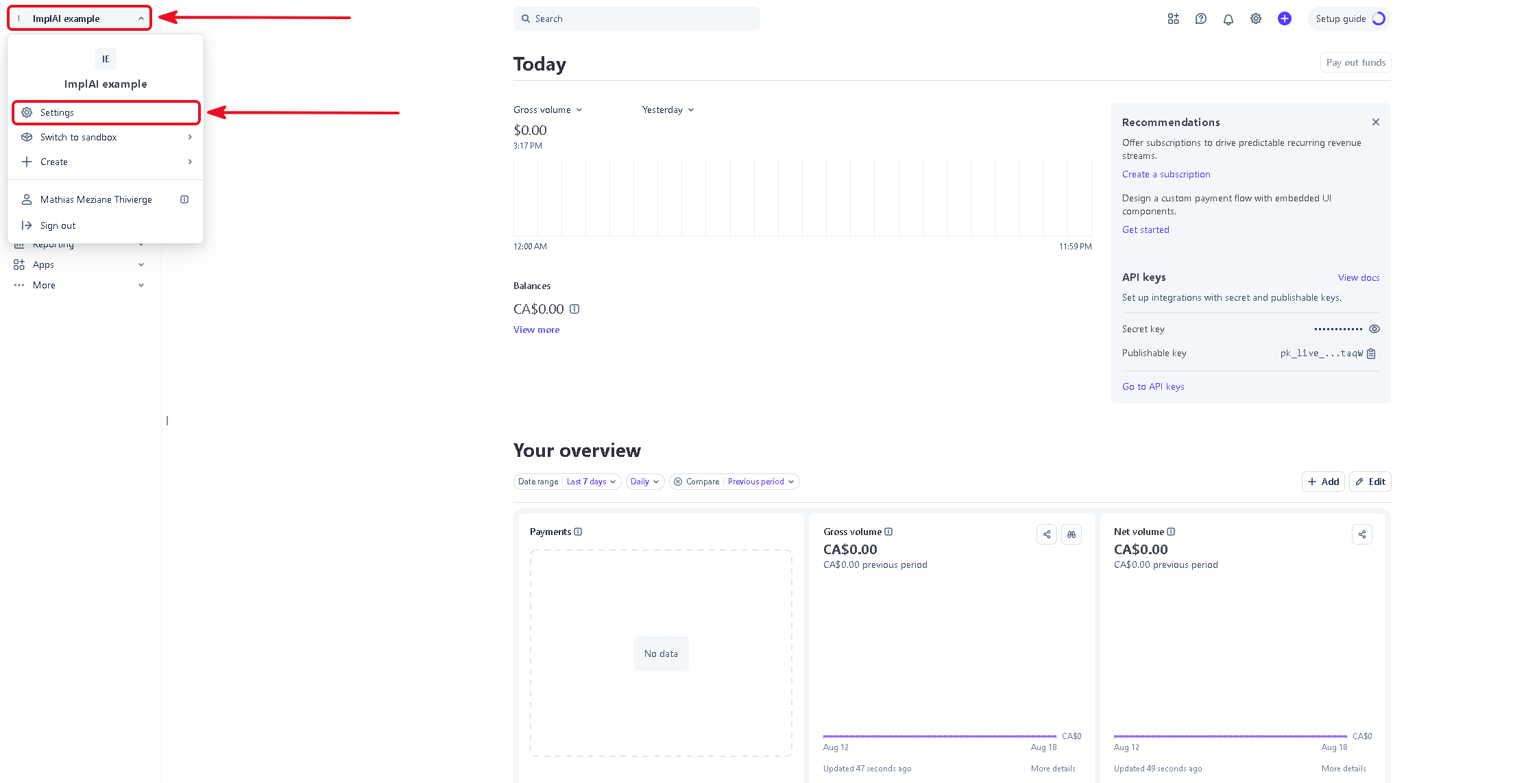 Stripe dashboard with the settings gear icon