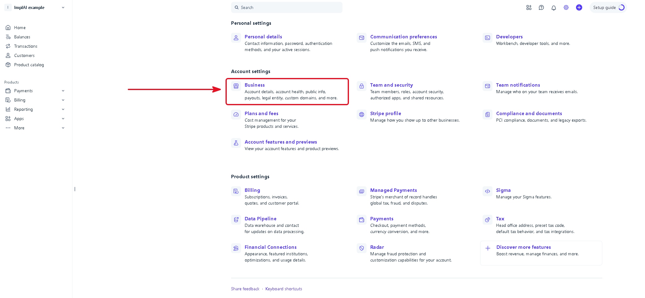 Stripe settings page with the Business option