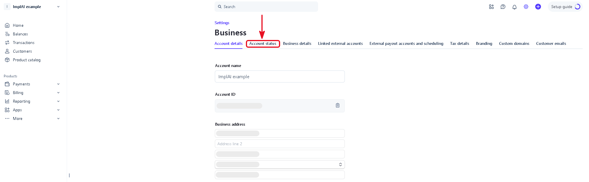 Stripe Business settings with the Account status tab