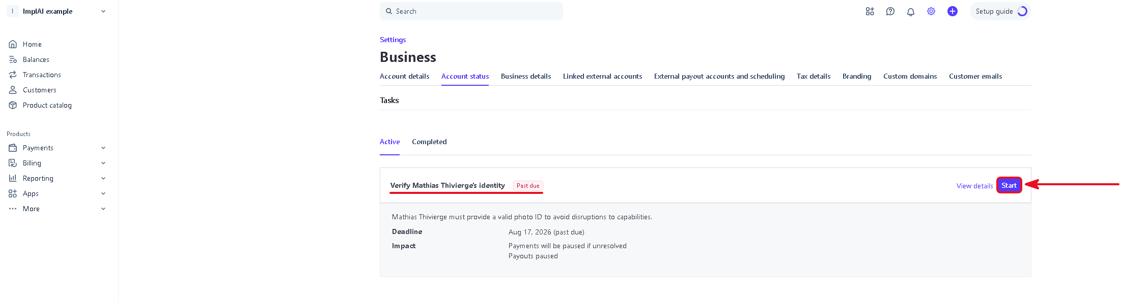 Stripe account status page showing a past due identity verification task