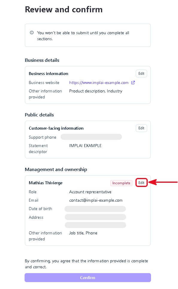 Stripe review and confirm page with an incomplete section