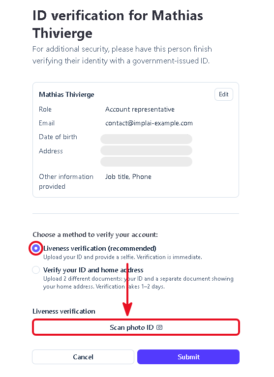 Stripe ID verification method choice with Liveness verification selected