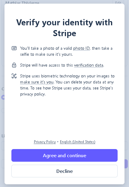 Stripe identity verification consent screen