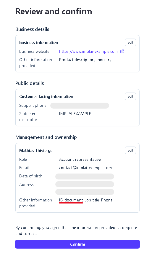 Stripe review and confirm page with ID document listed and no incomplete label