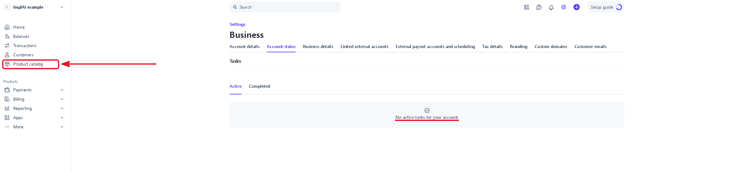 Stripe account status showing no active tasks