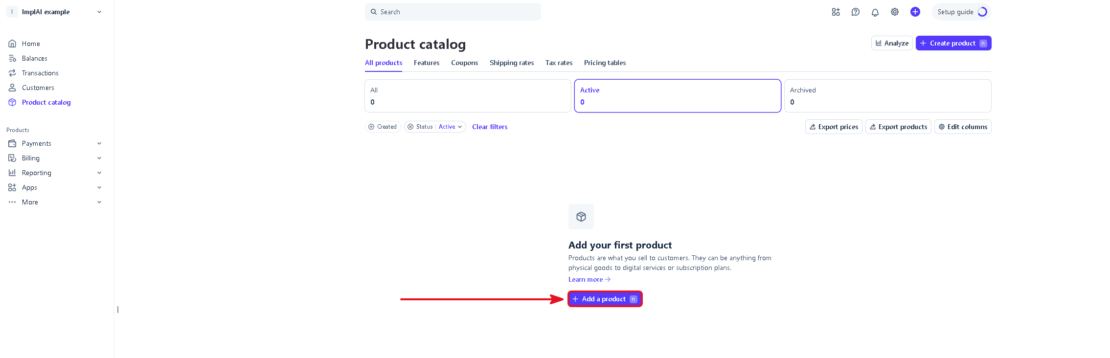 Stripe product catalog with the Add a product button