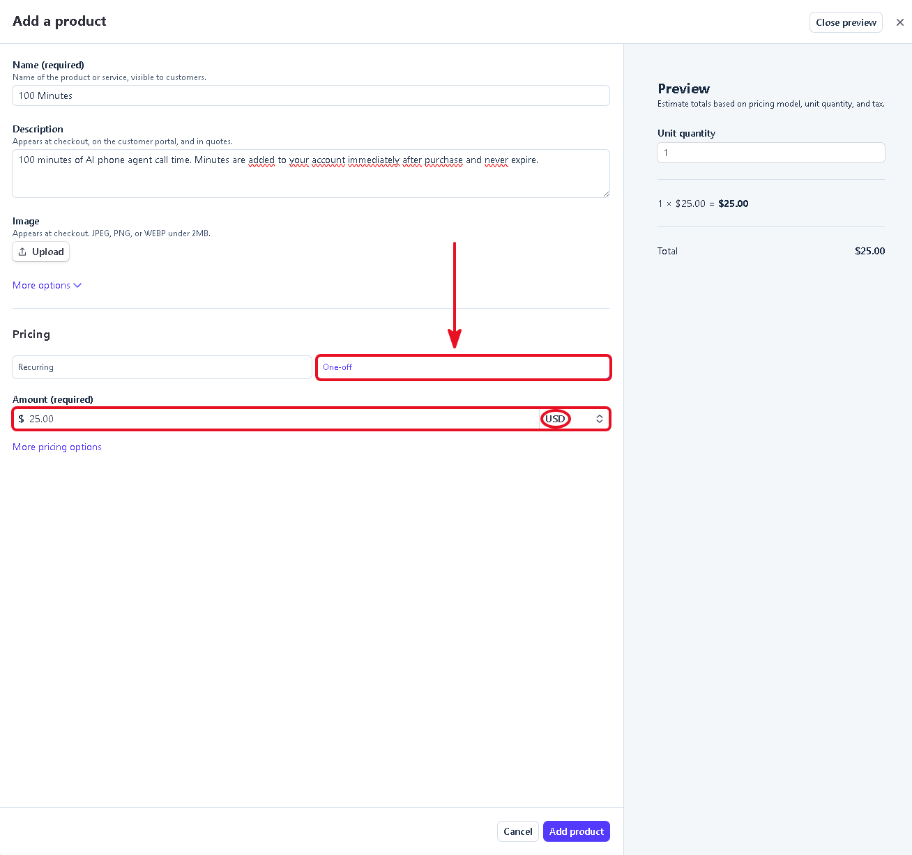 Stripe product form for the minutes pack with One-off pricing and USD currency