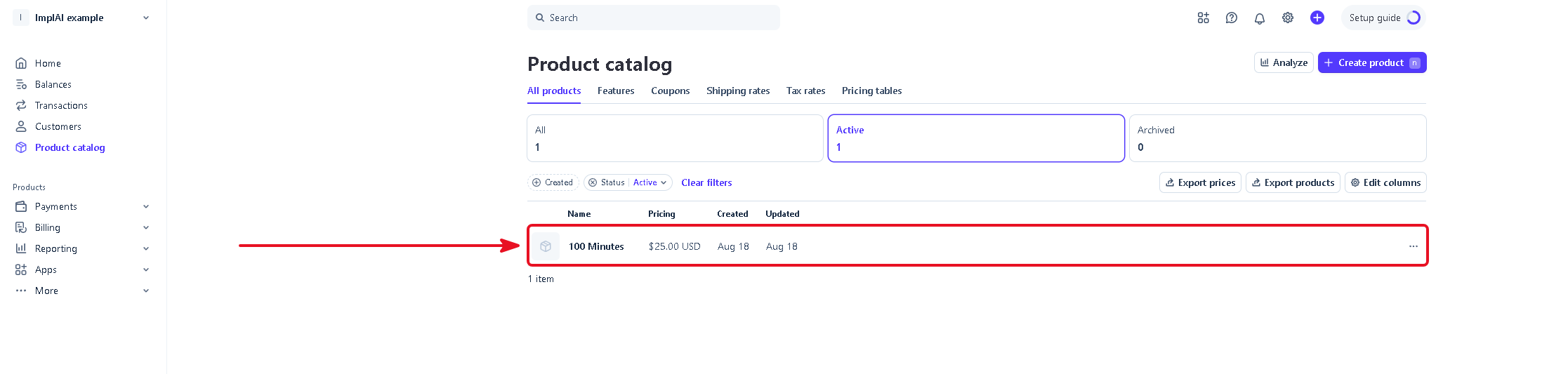Stripe product catalog with the minutes product listed
