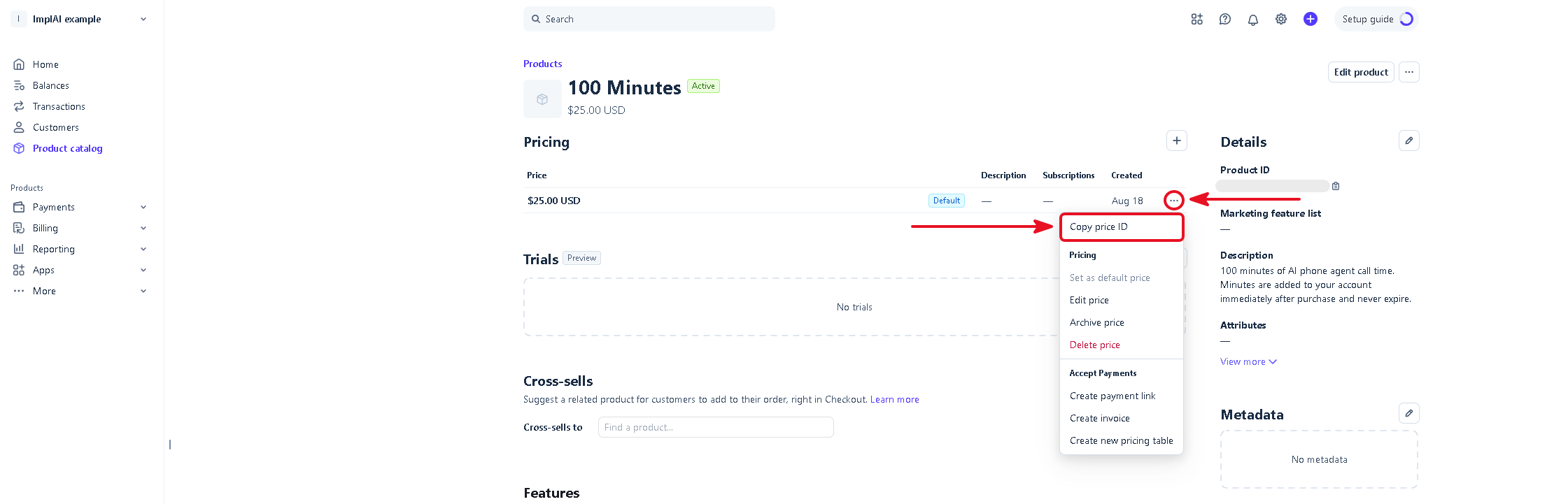 Stripe pricing row menu with the Copy price ID option