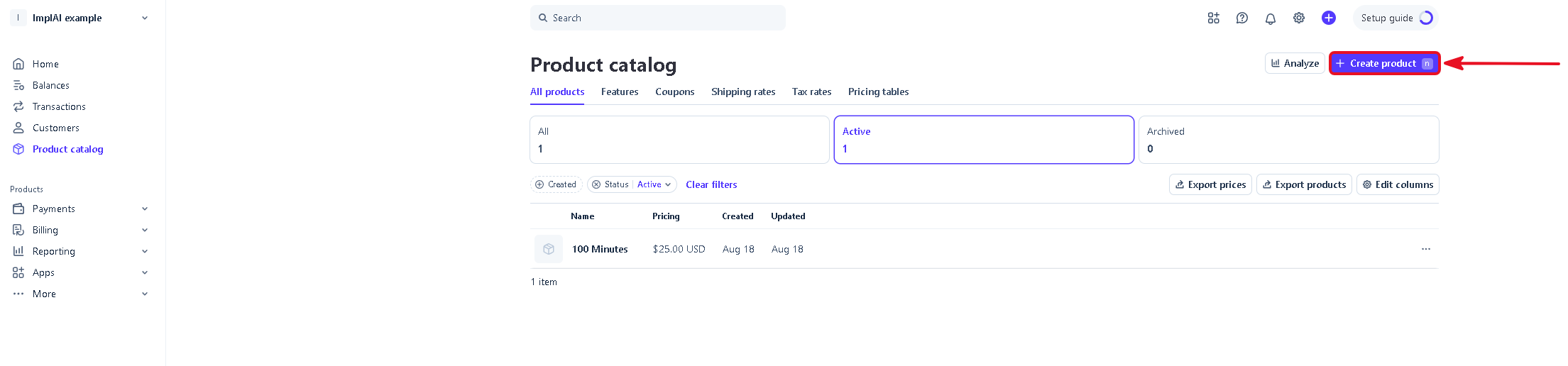 Stripe product catalog with both the Add a product button and the minutes product