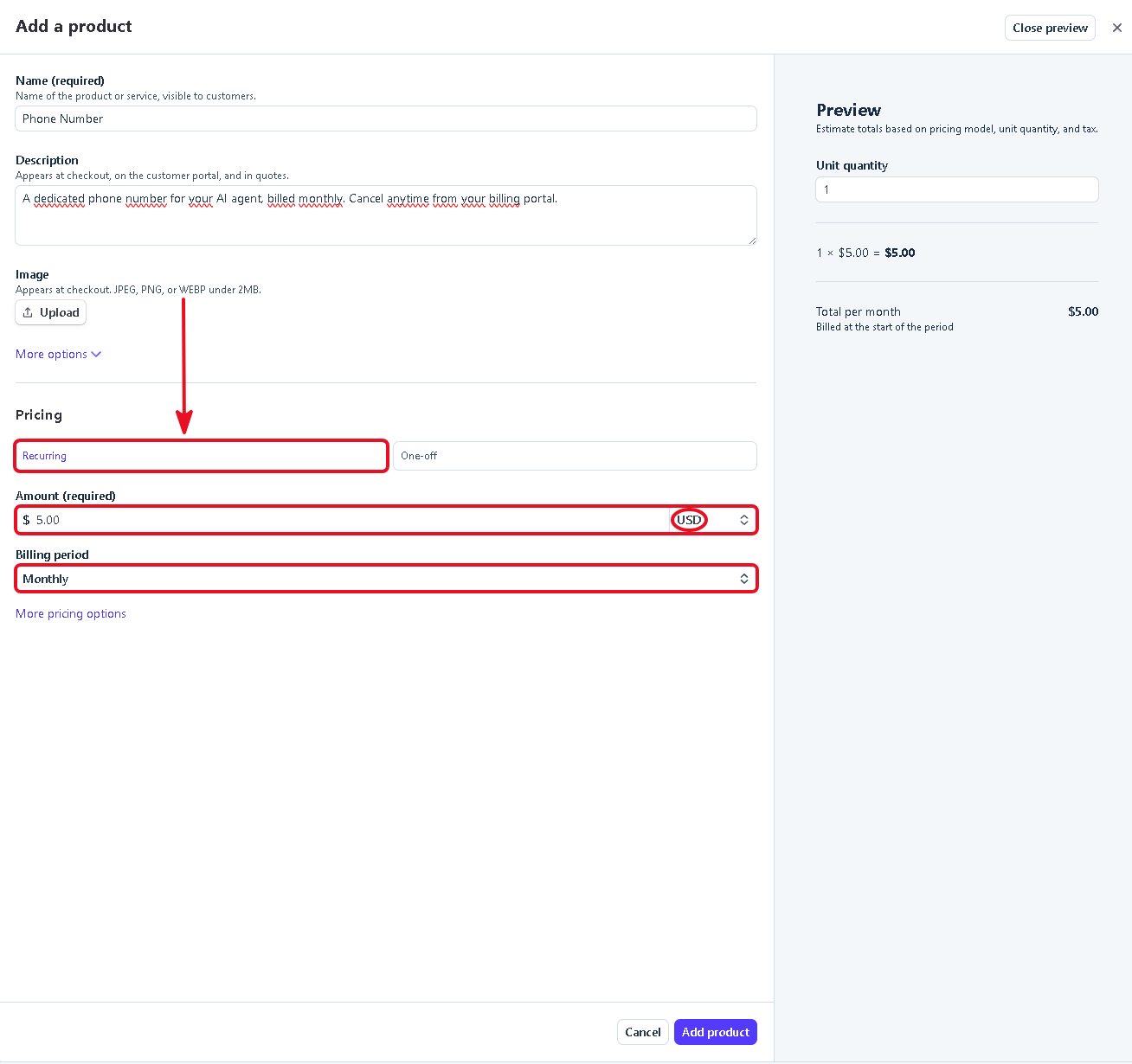 Stripe product form for the phone number with Recurring monthly pricing