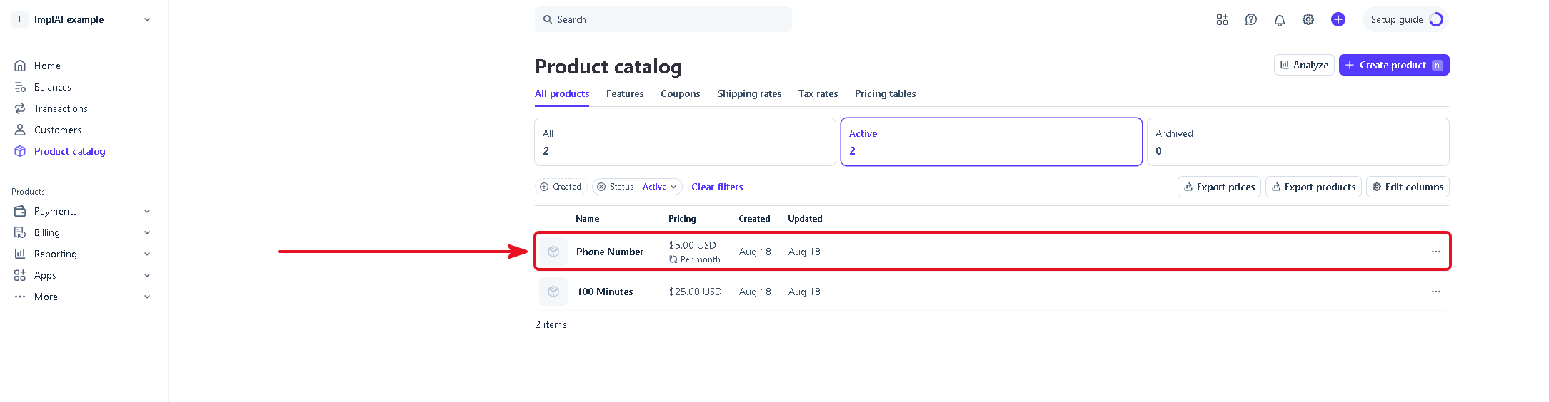 Stripe product catalog with the phone number product listed