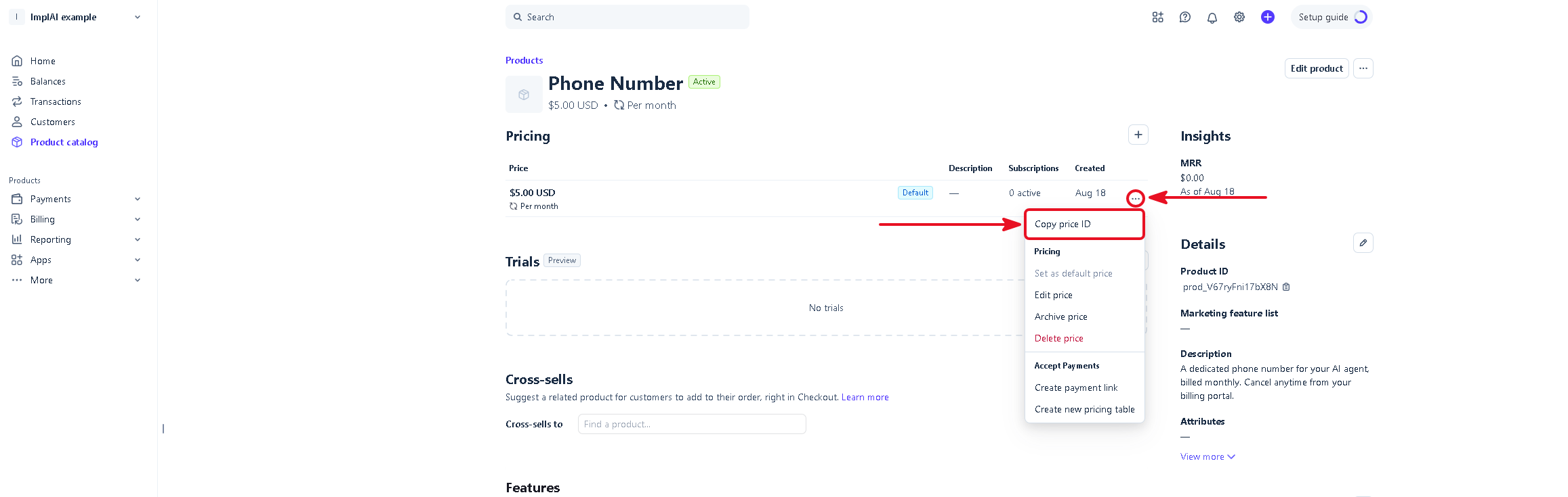 Copying the price ID of the phone number product