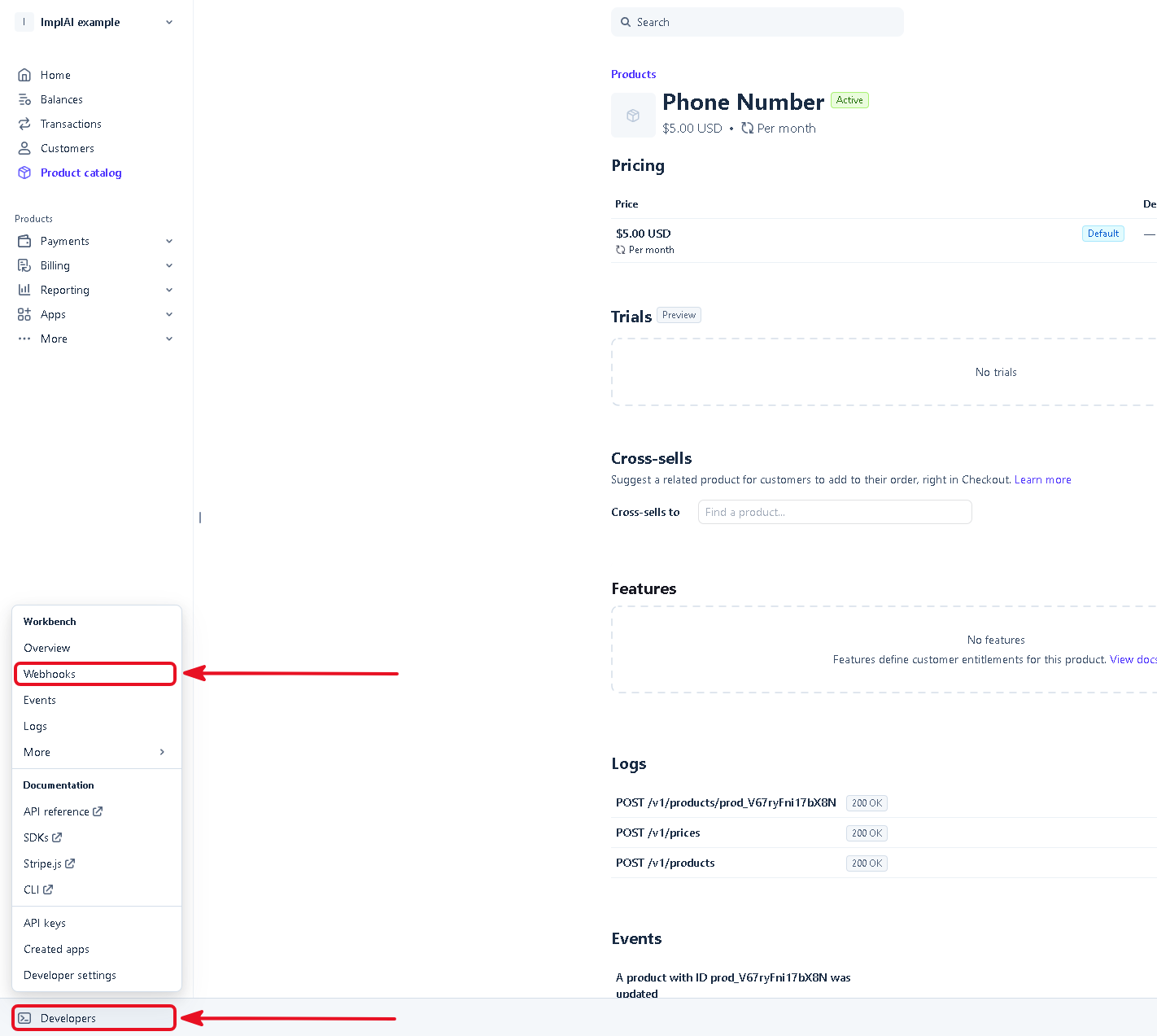 Stripe Developers menu with the Webhooks option